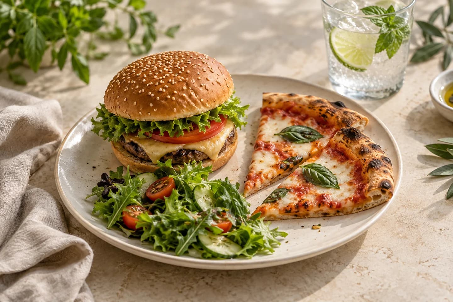 Hambúrguer e fatias de pizza acompanhados de salada em uma mesa