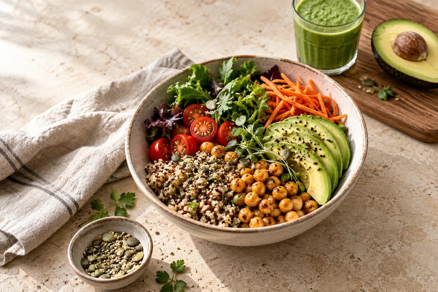 Bowl com grãos, grão-de-bico, abacate e vegetais variados